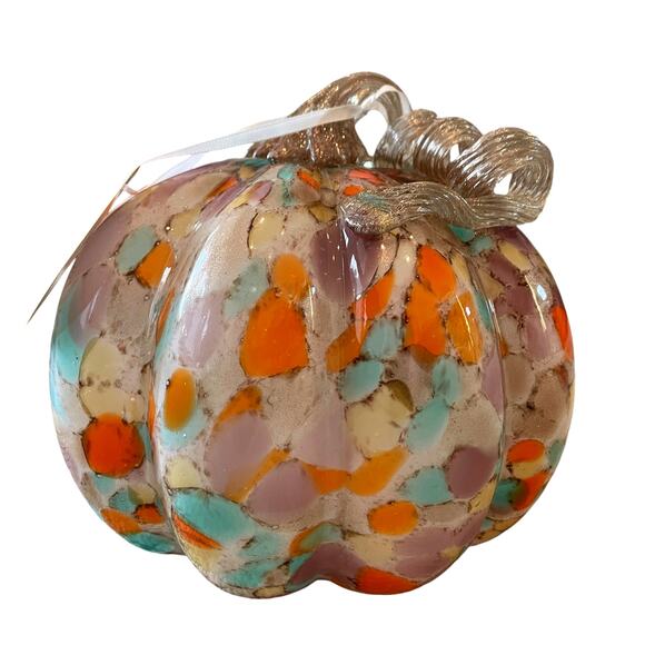 Multicolored Hand Blown Art Glass Pumpkin Stained Glass Designer Fall Home Decor - Picture 1 of 16